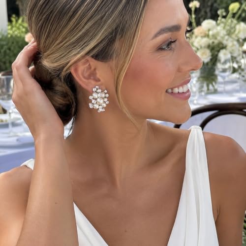 EVER FAITH Austrian Crystal White Simulated Pearl Bridal Cluster Pierced Stud Earrings - color: Clear Silver-Tone