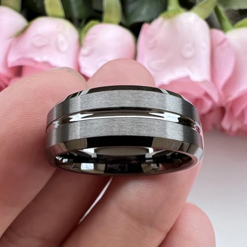 TUTISS 6mm 8mm Silver/Black/Blue/Gunmetal/Gold/Rose Gold Tungsten Rings for Men Women Fashion Engagement Wedding Bands Matte Finish Beveled Edges Comfort Fit - color: 8mm Gunmetal Tungsten