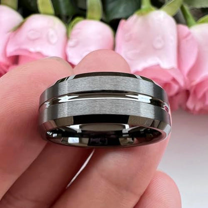TUTISS 6mm 8mm Silver/Black/Blue/Gunmetal/Gold/Rose Gold Tungsten Rings for Men Women Fashion Engagement Wedding Bands Matte Finish Beveled Edges Comfort Fit - color: 8mm Gunmetal Tungsten