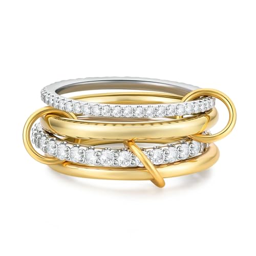 14K Gold Interlocking Stackable Rings for Women – Silver Gold Stack Ring Set with CZ, Two Tone Interlocked Stacked Ring, Multi-layer Statement Ring Jewelry - color: Upgraded 14K Gold&Silver CZ(4Layer), size: 10