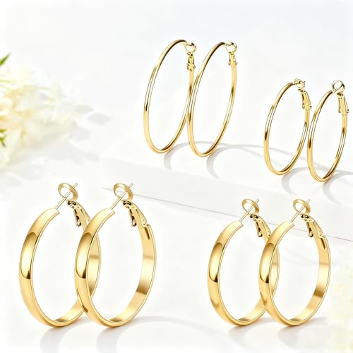 4 Pairs Silver Gold Hoop Earrings for Women | 14K Gold Plated Hoop Earrings Set Hypoallergenic Earring Lightweight Dangle Earrings Set - color: 4 Pairs Gold-(4mm Wide & Thin)