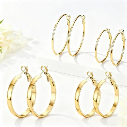 4 Pairs Silver Gold Hoop Earrings for Women | 14K Gold Plated Hoop Earrings Set Hypoallergenic Earring Lightweight Dangle Earrings Set - color: 4 Pairs Gold-(4mm Wide & Thin)