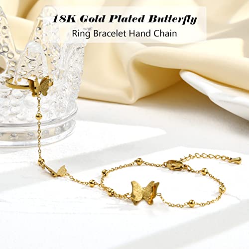 Emibele Gold Bracelets for Women, 18K Gold Plated Hand Chain, Cubic Zirconia Stainless Steel Non Tarnish Hand Chain Bracelet with Finger Ring, Adjustable Trendy Jewelry Valentines Day Gifts for Women - style: Butterfly Pendant