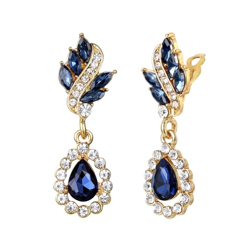 EleQueen Women's Austrian Crystal Art Deco Tear Drop Dangle Earrings Clip-on - color: 01-Gold-tone Blue Color