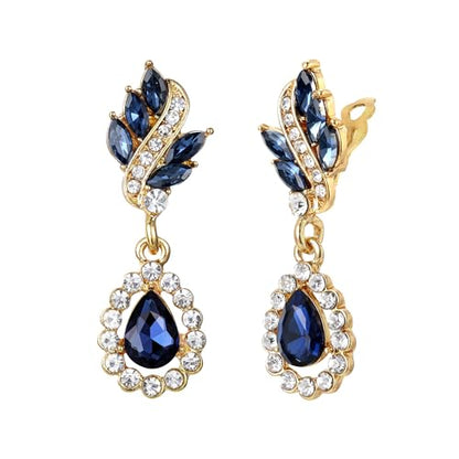 EleQueen Women's Austrian Crystal Art Deco Tear Drop Dangle Earrings Clip-on - color: 01-Gold-tone Blue Color