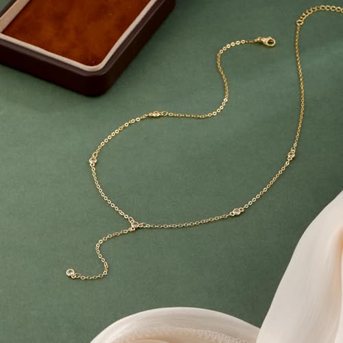 Lariat Gold Necklaces for Women Trendy Dainty Long Necklace 14k Gold Plated/Silver Layered Drop Beaded Chain Necklaces Y-shaped Pendant Necklace Simple Gold Jewelry Gifts - color: 5 CZ-Gold