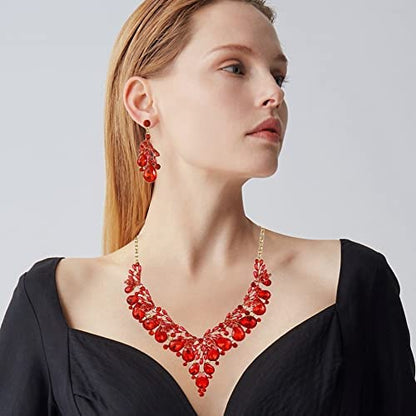 Jewelry Set for Women, Statement Necklace Dangle Earrings Bracelet Ring, White/KC Gold Plated Jewelry Set with Rhinestone Pearl Crystal Wedding Party Jewelry for Bridal Bridesmaid - color: Red-Gold Plated