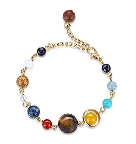 Fesciory Solar System Bracelet for Women, Universe Galaxy Beaded Jewelry | Natural Stone Beads, Universe Galaxy Design, Guardian Star Charm, Adjustable Fit, Birthday & Astronomy Planet Gifts for Loves - color: Gold Plated(Adjustable)
