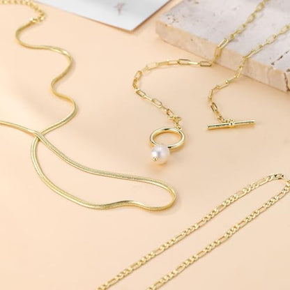 MFRYK Gold/Silver Necklaces Stack For Women,14K Gold/Sterling Silver Plated Simple Layered Choker Necklaces For Women,Stackable Multilayer Pearl Cross Disc Circle Pendant Cuban Herringbone Snake Paperclip Chain Necklaces Set Jewelry Gift for Women - style