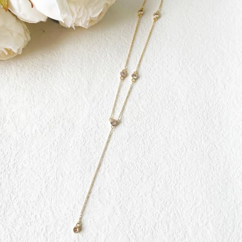 HERIER Lariat Gold Necklace for Women, Dainty Long Necklace 14k Gold Plated/Silver Y-Shaped Layered Beaded Chain Drop Necklaces for Women Trendy Simple Gold Jewelry for Women Gifts - color: Y-6CZ-Gold
