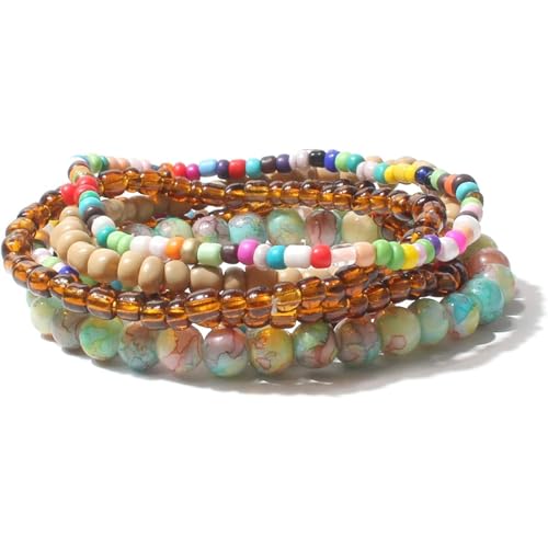 Bohemian Colorful Crystal Glass Beads Seed Beaded Bracelet Handmade Adjustable Stackable Elastic Strand Bangle for Women Summer Beach Hawaii Boho Wristbands Jewelry - color: brown