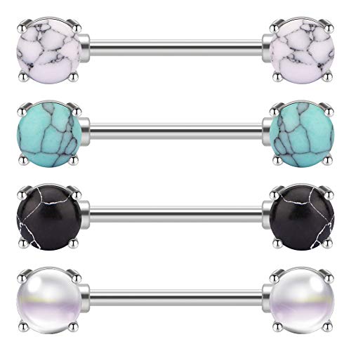 JFORYOU 14G Surgical Steel Nipple Rings Barbell Nipple Bar Piercing Jewelry for Women Double Front Facing Gem Synthesis Marble Stone Opal Design 16mm - style: 4 pcs Marble Style