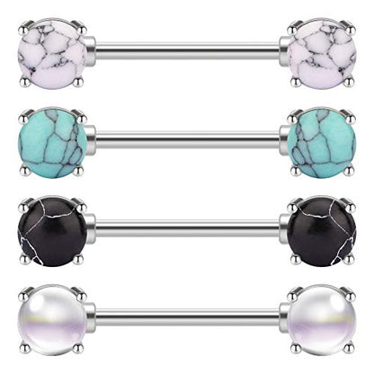 JFORYOU 14G Surgical Steel Nipple Rings Barbell Nipple Bar Piercing Jewelry for Women Double Front Facing Gem Synthesis Marble Stone Opal Design 16mm - style: 4 pcs Marble Style