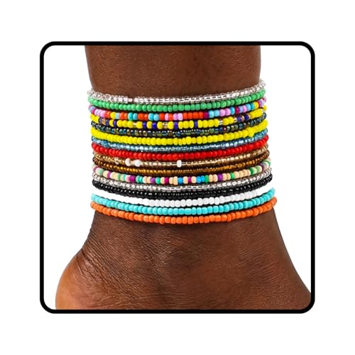 African Beads Anklet 18pcs Boho Beaded Ankle Bracelet Elastic Bead Foot Chain Jewelry for Women (Colours)