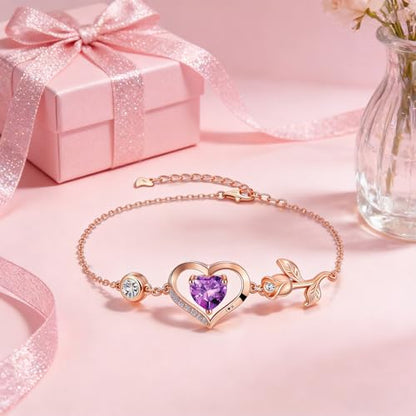 1CT Rose Heart Birthstone Bracelet for Women Love Gift - style: 02-Feb Dark Purple Rose Gold