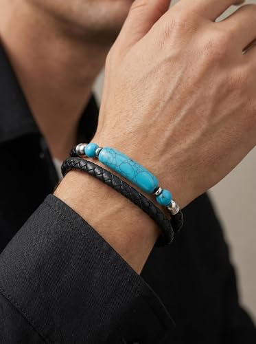 Mens Black Leather Obsidian/Turquoise/Tiger Eye/Red Agate Bracelet–Braided Multi‑Layer Wristband Cuff Bangle Bracelet with Stainless Steel Clasp Gift Jewelry Box Included - color: Style 3: Turquoise, size: 8.3in(Fits most wrists)