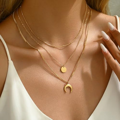 18K Gold Plated Layered Herringbone Necklaces for Women Dainty Layering Beaded Snake Chain Choker Moon Coin Pendant Necklace Trendy Stainless Steel Jewelry - color: Trible Moon Coin-Gold