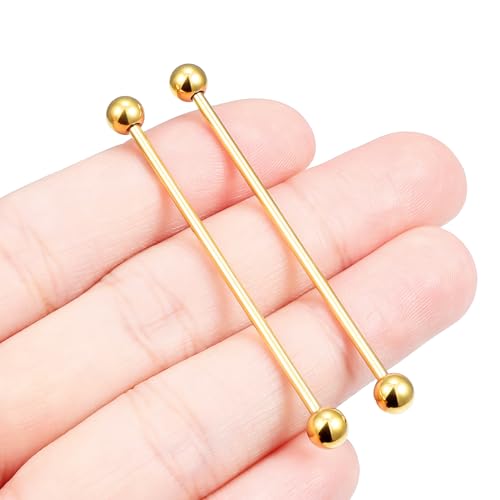 16G 14G Surgical Steel Tongue Rings Nipple Rings Industrial Piercing Jewelry Set Multi Size Straight Barbells 12mm 14mm 16mm 19mm 22mm 28mm 32mm 35mm 38mm 40mm 45mm for Women Men - color: goldtone, size: 14g,bar length 45mm