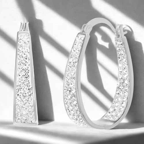 Devin Rose Oval Inside Outside Hoop Earrings for Women Faceted Sparkle Crystals - color: White