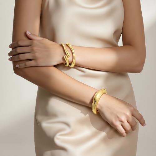 Emibele Gold Bangles for Women, 2PCS Irregular Chunky Gold Bracelet Hinged Open Bangle Bracelets for Women, Fashion Wide Arm Cuff Minimalist Chunky Jewelry Gifts for Valentine Christmas Birthday - style: N Gold