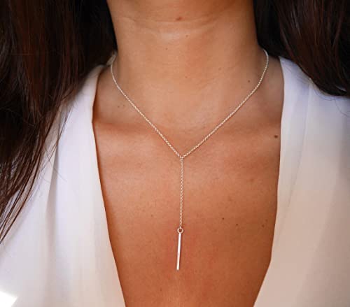 itianxi Gold Tiny Y Shaped Dainty Necklace 18K Gold Plated Cute Bar Vertical Lariat Necklace for Women - color: bar silver