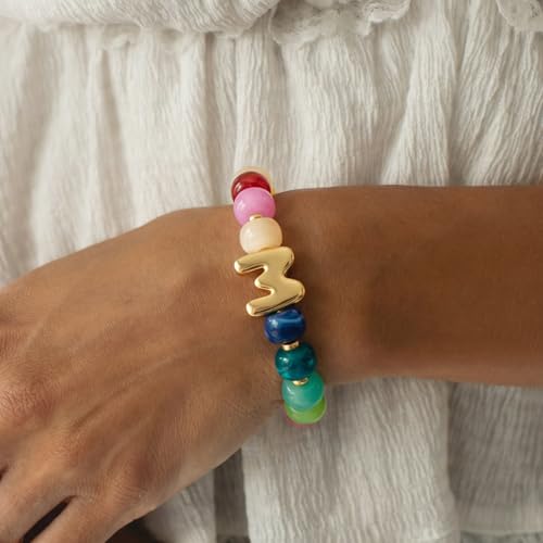 Initial Bracelet for Women Colorful Chunky Beaded Bracelet 14K Gold Plated Letters Statement Bracelets Summer Boho Beach Initial Strech Bracelet Jewelry Gifts