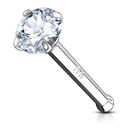Forbidden Body Jewelry 14k Gold Nose Ring, 20g, Solid 6mm Stud, 2mm CZ Simulated Diamond, Non-Irritating Skin Safe Real Gold, Women and Men - color: 14k White Gold