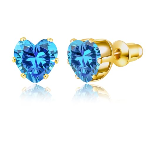 8mm Heart-Cut Birthstone Stud Earrings for Women – 18K Gold Plated Hypoallergenic Cubic Zirconia Earrings, Nickel Free, 12 Months Colors, Everyday Jewelry, Gift for Her, Bridal, Birthday, Christmas - color: 12 Dec Sapphire