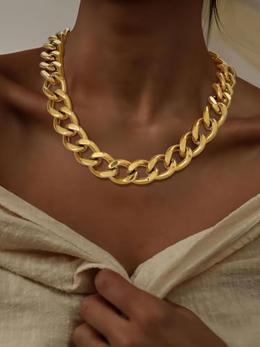ChainsPro Cuban Link Chain for Women,Stainless Steel Chunky Necklace Silver/Gold Plated Thick Chain Choker, 12/16/20 mm Width,18" and 20" Punk Hip Hop Trendy Non Tarnish Jewelry Gifts - color: Gold Plated, style: 20mm-18"
