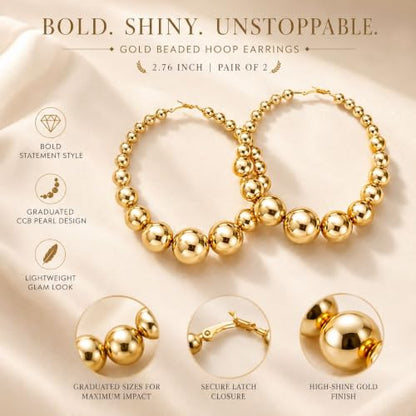 Big Chunky Gold Hoop Earrings for Women Beaded Large Statement Earrings Lightweight Fashion Jewelry Daily Wear Party Gift - color: A:gold Hoop Earrings