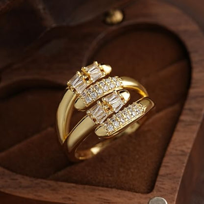 Adjustable 18K Gold Plated Open Bands Engagement Promise Ring for Women,Fashion Wrap Finger Cubic Zirconia Statement Cocktail Jewelry Gift (White) - color: white