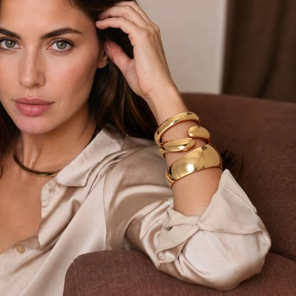 Chunky Gold Bangle Bracelets for Women Trendy 14K Gold Plated Cuff Bracelets Stack, Dainty Gold Bracelet Sets Non Tarnish Fashion Jewelry Gift - style: Gold-3pc-011
