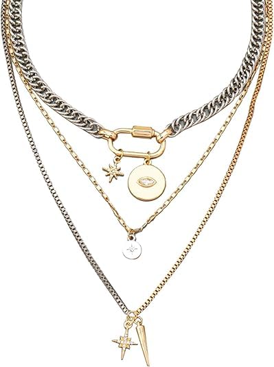 QCWN Gold Layered stacked Necklaces for women 3PS Chunky Statement Necklaces Stack Mixed Metal Charm Necklace for Women Trendy Coin Jewelry Gift for Her Gifts - style: Layered stack1