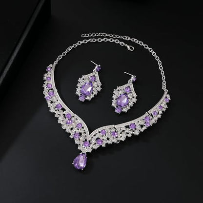Tiaras and Crowns for Women,Tiaras Earrings Necklace, Crystal Bridal Jewelry Set - color: Purple