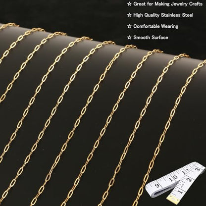 16Ft Stainless Steel Paperclip Chain for Jewelry Making, 2.5mm Width Gold Plated Paper Clip Link Chains Roll for DIY Necklace Bracelet Jewelry Making Supplies with Lobster Clasps Soft Tape Measure - color: Paperclip 2.5mm Gold with Soft Tape Measure