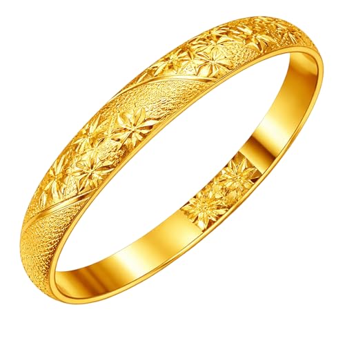24K Gold Plated Dubai Style Single Cuff Bangle Bracelet for Women, Vintage Geometric Open Design