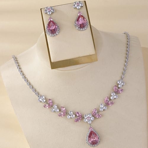 OIDIMS Elegant Teardrop Flower Leaf Wedding Bridal Jewelry Set for Women Ladies Cubic Zirconia Pendant Choker Necklace Drop Dangle Earring Fashion Evening Party Formal Costume Accessories Jewelry - color: Pink