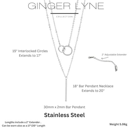 Layered Chain Necklace for Women by Ginger Lyne | Stainless Steel Adjustable Length up to 20" Curb Chains with Linked Circles and Bar Pendants| Minimalist Jewelry for Her