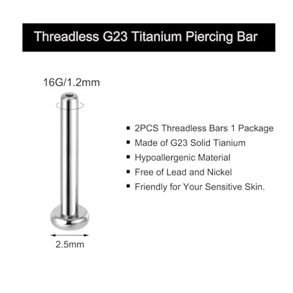 Threadless Bar G23 Titanium 20G 16G 18G Replacement Post Bar Flat Back Stud Earrings for Helix Cartilage Lobe Medusa Labret Nose Tragus Conch Piercing Jewelry - size: 16g 12mm, style: Disc 2.5mm,2Pcs Threadless Bars
