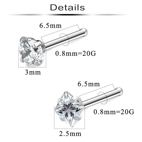 Hypoallergenic Nose Rings Studs 18G & 20G Surgical Steel Nose Studs L Shaped Nostril Piercing Jewelry with Cubic Zirconia for Women & Men - color: 20g,straight,crystal