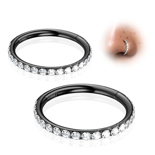 2Pcs Nose Ring Hoop Set: 14G 16G 18G 20G 316L Surgical Steel Septum Rings Hypoallergenic Body Jewelry 6/7/8/9/10/12MM Cartilage Earrings for Women Men - color: Black-2pcs cz rings