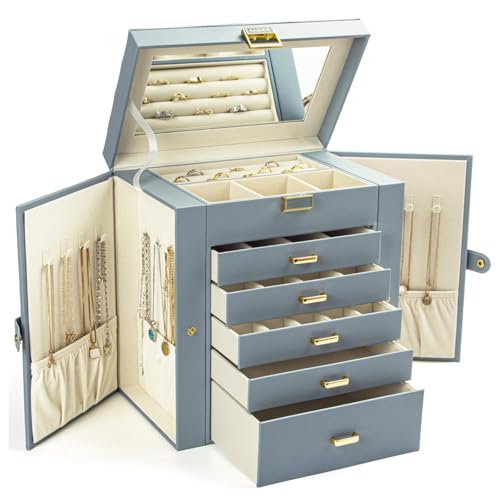 KAMIER Jewelry Box for Women, 6-Layer Large Jewelry Organizer Box with Mirror & 5 Drawers for Rings, Earrings, Necklaces, Bracelets,Bluish Grey - color: Bluish Grey
