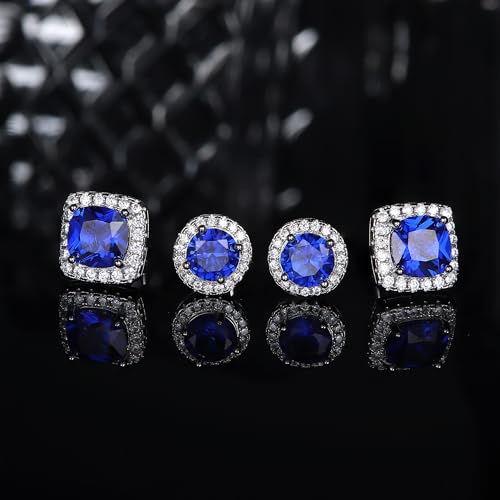 18K Gold Plated Halo Stud Earrings 925 Sterling Silver Cubic Zirconia Stud Earrings Round Square Diamonique Stud Earrings Set for Women Men - color: Silver&Blue