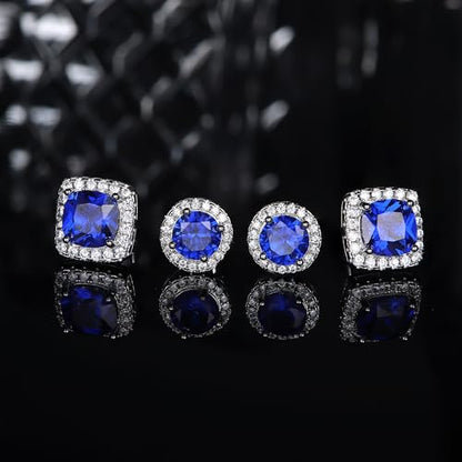 18K Gold Plated Halo Stud Earrings 925 Sterling Silver Cubic Zirconia Stud Earrings Round Square Diamonique Stud Earrings Set for Women Men - color: Silver&Blue