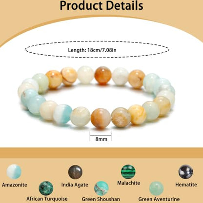 COLOYAN 7 Pcs 8mm Natural Stone Beaded Healing Crystal Bracelets for Women | Durable Handmade Stretch Bracelets, Multiple Styles,Semi-Precious Gemstones Reiki Spiritual Jewelry Gift Meditation Yoga - color: B
