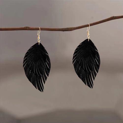 Handmade Bohemian Large Soft Genuine Leather Fringe Double Feather Dangle Drop Earrings Lightweight Simple Color PU Leaf Hook Earrings for Women - color: Black