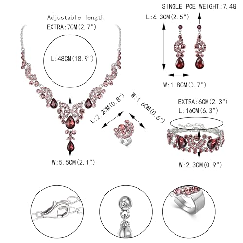 EVER FAITH Rhinestone Crystal Bridal Floral Wave Teardrop Necklace Earrings Set - color: 4pcs_Purple