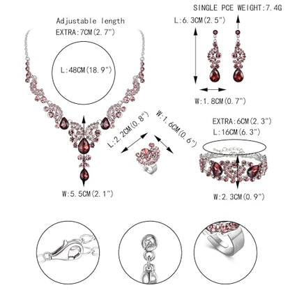 EVER FAITH Rhinestone Crystal Bridal Floral Wave Teardrop Necklace Earrings Set - color: 4pcs_Purple