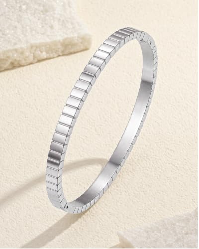 Joo&Rind Gold Bangle Bracelets for Women 18K Gold Plated Stainless Steel Bracelet Oval Hinged Bangles for Small Wrists Non Tarnish Waterproof with Cubic Zirconia Jewelry Gift for Everyday Wear Birthday - color: Square Non Zirconia-Silver
