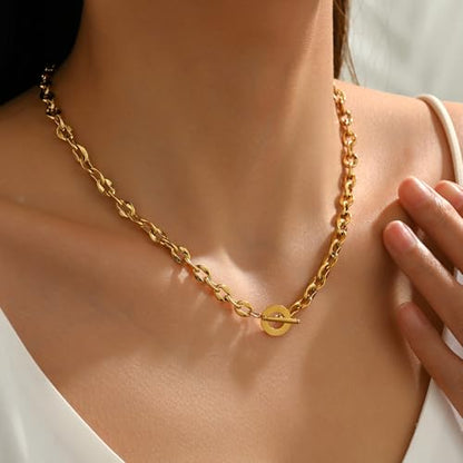 Chunky Gold Necklace for Women, 18K Gold Plated Paperclip, Figaro Link Chain Necklace, Toggle Clasp Necklaces, Trendy Non Tarnish Jewelry, Christmas Gifts - style: 6mm Cable Toggle 16.5''-Gold